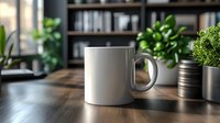 White ceramic coffee mug mockup on wooden desk with green plants and bookshelves in background, modern home office setting for branding presentation.