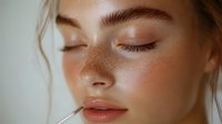 Young woman with freckles and natural makeup having lip gloss applied with brush closeup. Soft beauty portrait showing fresh glowing skin and professional cosmetic application.