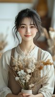 Young Asian woman in white blouse and brown apron holding vase with dried flowers and pampas grass, soft natural lighting creates romantic mood for lifestyle portraits.