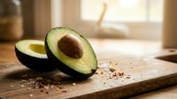 Fresh ripe avocado halves on wooden cutting board in bright kitchen interior with natural sunlight for healthy cooking and nutrition concepts.