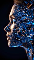 Profile silhouette transforming into glowing blue circuit patterns and light dots against dark background, representing artificial intelligence and digital transformation.