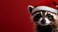 Adorable raccoon wearing Santa hat on red background for Christmas holiday greeting cards and festive seasonal decorations.