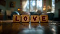 Wooden letter cubes spelling LOVE arranged on reflective surface with soft bokeh lights and window in blurred background, creating romantic atmosphere.