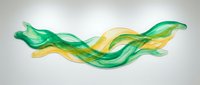 Flowing green and yellow ribbons with translucent, wave-like motion isolated on white background, suitable for design projects, backgrounds, and creative compositions.