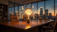 Glowing light bulb with dollar signs and upward graph on wooden desk in modern office overlooking city skyline at sunset, representing financial growth and business innovation.
