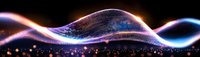 Glowing digital wave of light particles flowing against dark background, creating futuristic technology visualization effect.