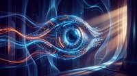 Futuristic digital eye with glowing blue iris surrounded by flowing energy streams and light rays in cyberpunk style for technology concepts.
