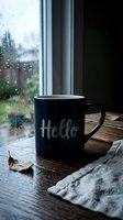 Dark blue ceramic mug with Hello lettering on rustic wooden table by rainy window, dry autumn leaf and linen napkin beside it.