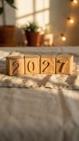 Wooden blocks spelling 2027 on linen fabric with warm bokeh lights and potted plants, cozy new year concept for planning and goals.