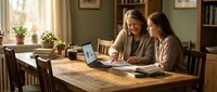 Two women working together on laptop at wooden dining table in cozy home office space with natural lighting and bookshelves for remote work collaboration.