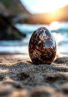 Mysterious dark marble egg on sandy beach at sunset with ocean waves in background, artistic nature photography with selective focus and bokeh effect.