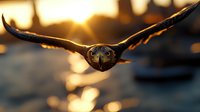 Majestic owl in flight silhouetted against golden sunset sky, wings spread wide as it soars forward with piercing gaze directly at camera, creating dramatic wildlife scene.