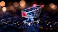 Glowing neon shopping cart hologram floating over digital surface with bokeh lights background, representing e-commerce and digital retail technology.