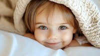 Young child with bright blue eyes and gentle smile peeking out from under cozy knitted blanket, creating warm and tender moment in soft natural lighting.