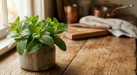 Fresh mint plant in rustic pot on wooden kitchen counter with copper cookware and natural sunlight streaming through window creating warm cooking atmosphere.