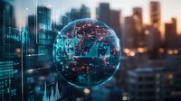 Digital globe with glowing network connections floating over blurred cityscape background with financial market data and trading charts at dusk.