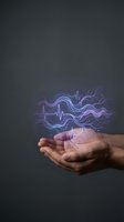 Hands holding glowing neon heartbeat waveform with electric energy waves, symbolizing health, cardiology, medical technology, and digital wellness for healthcare applications.