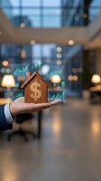 Businessman hand holding wooden house model with dollar sign and financial growth charts in modern office lobby for real estate investment concept.