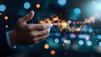 Businessman hand holding digital data visualization with glowing lights and bokeh effects, representing technology, connectivity, and financial growth for business solutions.