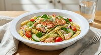 Colorful fusilli pasta salad with fresh vegetables, cherry tomatoes, herbs and dressing served in white bowl on wooden table for healthy meal preparation.