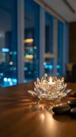 Crystal lotus flower candle holder glowing on wooden table in modern apartment with city lights bokeh background creating warm ambient atmosphere for meditation.