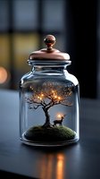 Magical miniature scene in glass jar featuring illuminated wire tree and deer silhouette on moss, with copper lid creating dreamy woodland atmosphere.