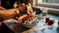 Male hands adding fresh berries to colorful acai smoothie bowl with granola and fruits on marble counter in bright kitchen for healthy breakfast meal prep.