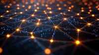 Glowing orange network nodes connected by blue light streams against dark background, depicting digital connectivity and neural networks for technology concepts.