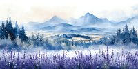 Misty mountain landscape with blooming lavender field in foreground, pine forest silhouettes and layered blue peaks in background, watercolor style artwork.