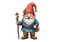 Cheerful garden gnome character wearing red pointed hat, blue jacket and brown boots, holding wooden staff, isolated on white background for design projects, clipart and merchandise applications.