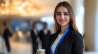 Young professional businesswoman in black blazer and blue blouse holding coffee cup in office hallway with blurred people and warm bokeh lighting in background.