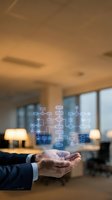 Businessman in formal suit holding glowing digital flowchart with connected nodes and process diagram icons above open palm in modern office workspace.