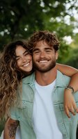Happy young couple embracing outdoors in natural sunlight with genuine smiles and casual summer clothing for lifestyle and relationship content.