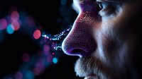 Close up profile view of nose with glowing purple dots and particles emerging in dark atmosphere with bokeh lights creating magical ethereal effect.