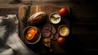 Fresh ingredients for sandwich making arranged on wooden cutting board with artisanal bread, sliced tomatoes, meat, and condiments in moody lighting.