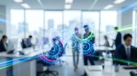 Futuristic holographic interface with glowing digital elements floating in modern office environment with business professionals working in background.
