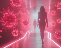 Female silhouette walking through futuristic corridor with glowing pink virus particles floating in atmosphere, representing pandemic concept in surreal setting.