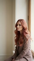Young Caucasian businesswoman with long wavy rose gold hair in beige blazer sitting by window in modern office interior for professional lifestyle content.