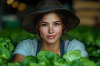 Young woman in straw hat surrounded by fresh green vegetables at farmers market, representing sustainable agriculture and organic farming.
