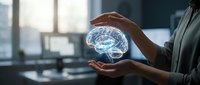 Professional woman protecting glowing digital brain hologram with hands in modern office, representing mental health care and neurological protection concepts.