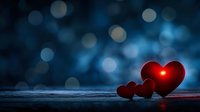 Red glowing hearts on dark wooden surface against blurred blue bokeh background create romantic Valentine's Day atmosphere with magical lighting effect.