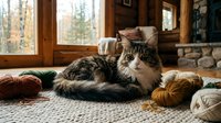 Tabby and white cat lounging on woven rug surrounded by yarn balls near wooden windows and fireplace in cozy cabin interior setting.