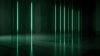 Dark futuristic room with glowing green neon vertical lines reflecting on glossy floor, creating a dramatic sci-fi atmosphere for backgrounds.