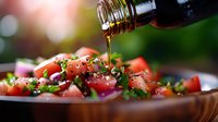 Fresh tomato salad with herbs being drizzled with olive oil on wooden plate, healthy Mediterranean cuisine for cooking and dining concepts.