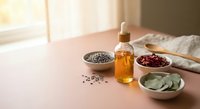 Natural skincare serum bottle with organic ingredients including chia seeds, dried cranberries and sage leaves on warm sunlit table for wellness routine.