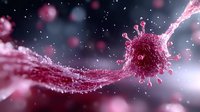 Microscopic pink virus cell with crown-like spikes floating in dark space with motion blur effect and particle dispersion in medical visualization.