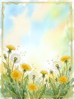Watercolor dandelion frame with yellow blooms and fluffy seed heads on a soft pastel sky background, with copy space for text.
