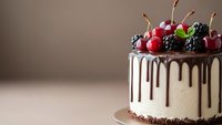 Chocolate drip cake decorated with fresh berries and cherries on beige background. Elegant dessert with dark chocolate ganache dripping down cream frosting.