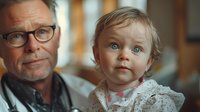 Caucasian toddler with striking blue eyes and blonde hair sits with mature father wearing glasses, creating heartwarming family moment in natural indoor lighting.