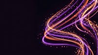 Abstract flowing light trails in purple and orange creating dynamic wave patterns with glowing particles on dark background for digital design.